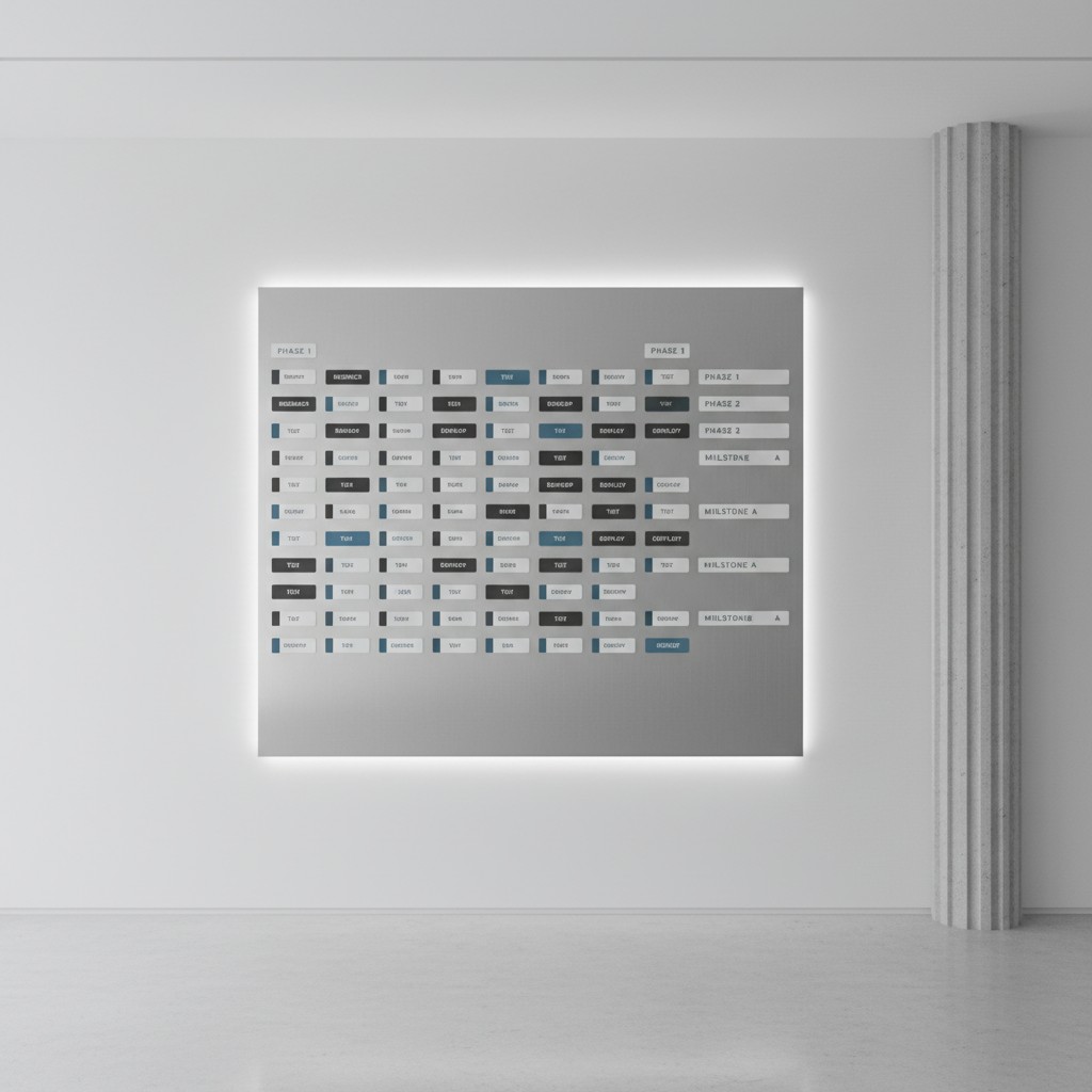 A large, organized chart hangs on a wall, its purpose unclear.