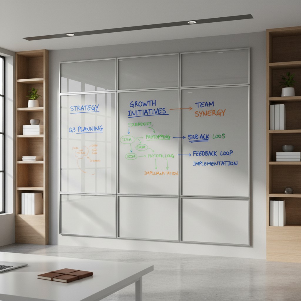 This image shows a modern, well-lit office space with a large whiteboard featuring a strategic growth map and a white tabl...