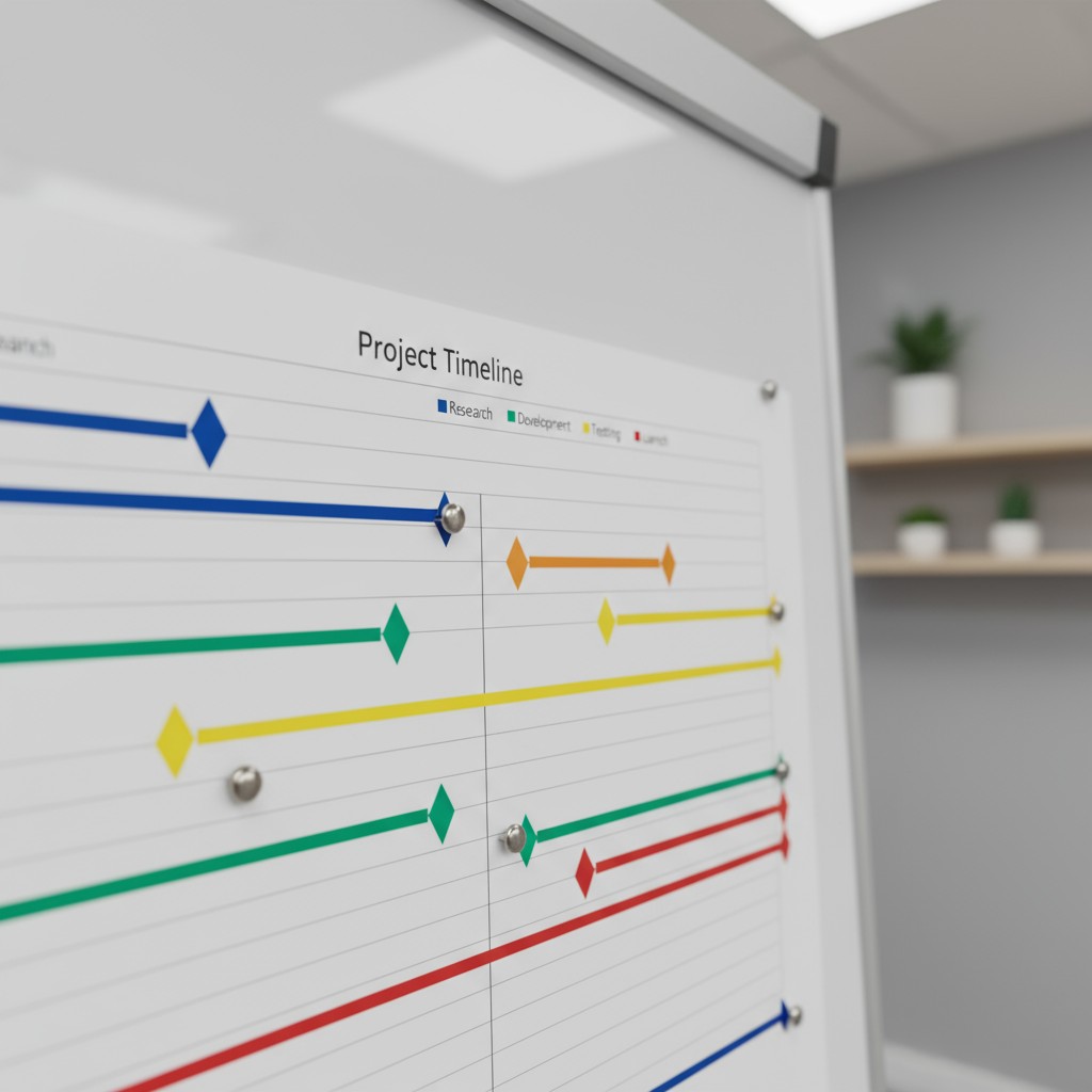 La timeline présente une stratégie de projet structurée et visible avec les étapes clés du développement, du lancement et ...